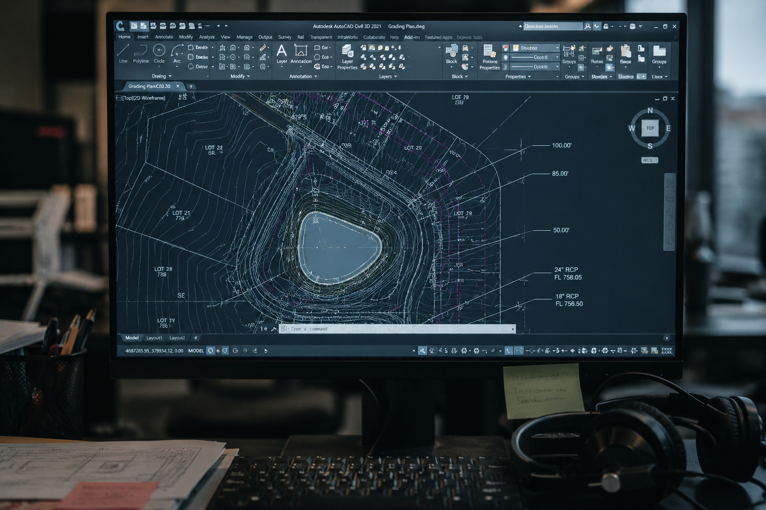 Civil site grading plan on a CAD workstation